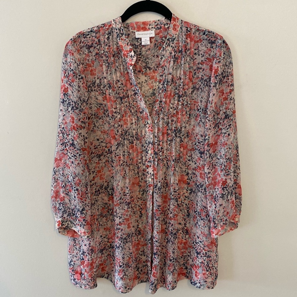 Charter Club floral sheer pintuck blouse sz 10